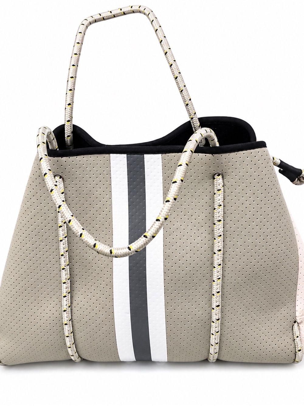 HAUTE SHORE Beige Neoprene Tote with White and Gray Stripes Bag Gym Beach